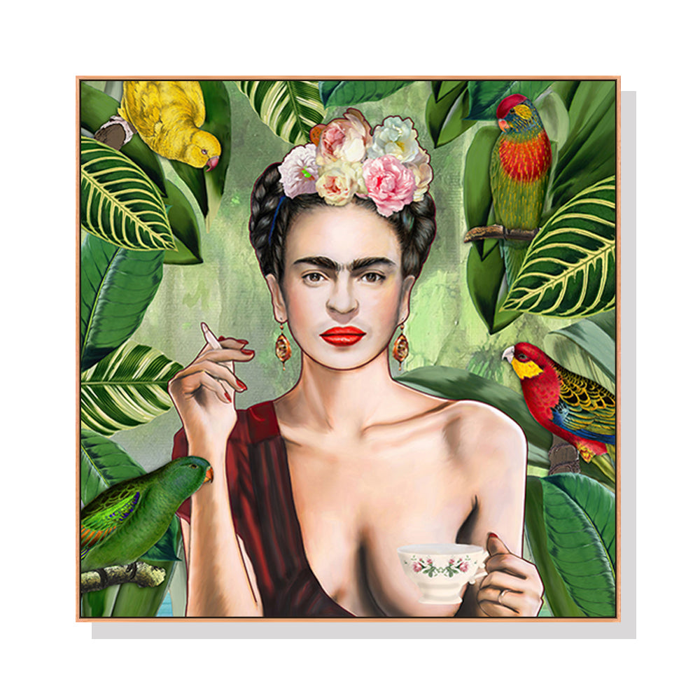 60cmx60cm canvas wall art featuring Frida Kahlo's self portrait, elegantly framed with a floating design.