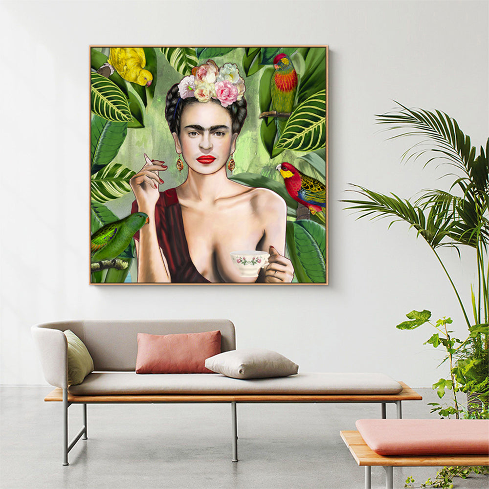 60cmx60cm canvas wall art featuring Frida Kahlo's self portrait, elegantly framed with a floating design.