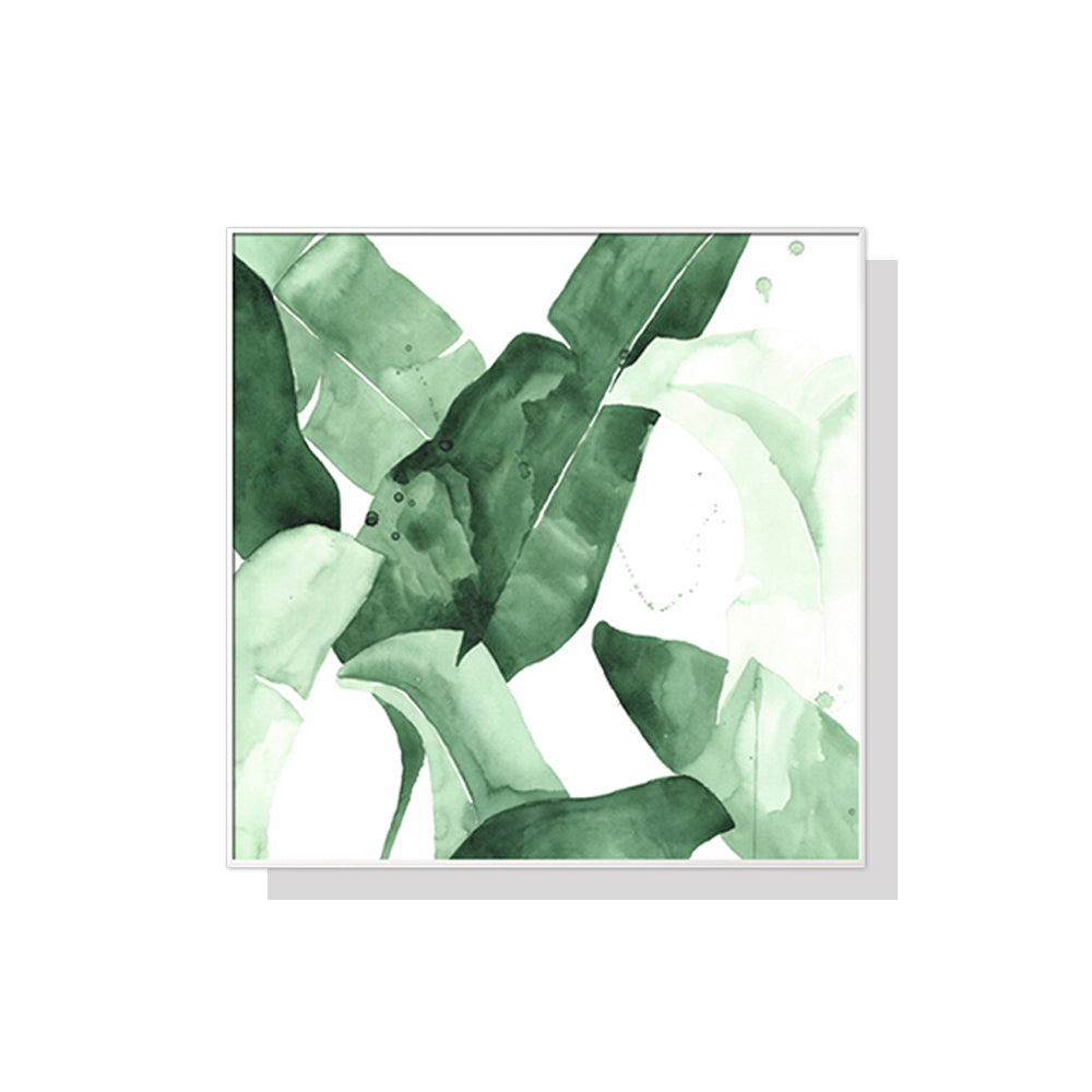 60cmx60cm Tropical Leaves Canvas Wall Art in a white frame, showcasing vibrant green leaves on a premium canvas.