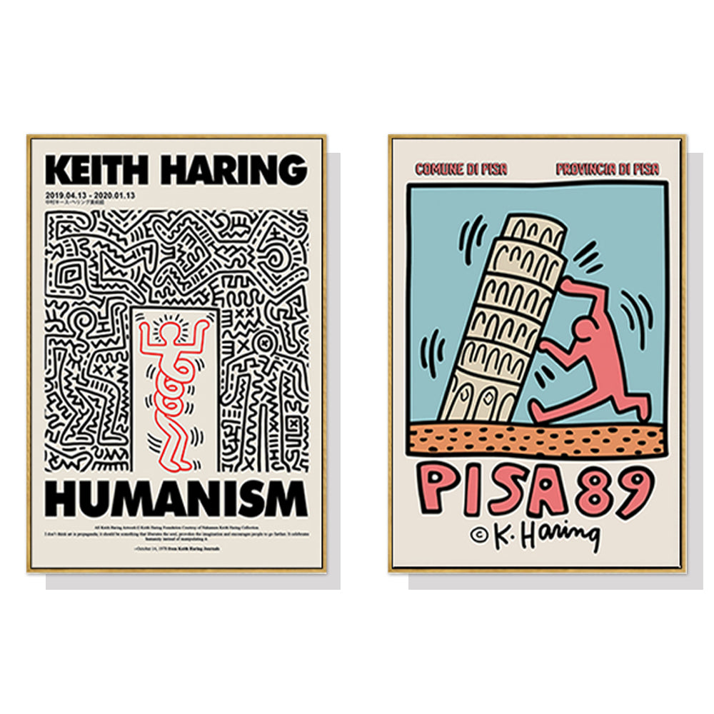 60cmx60cm Keith Haring wall art in a gold frame, showcasing vibrant colors and unique design, perfect for home decor.