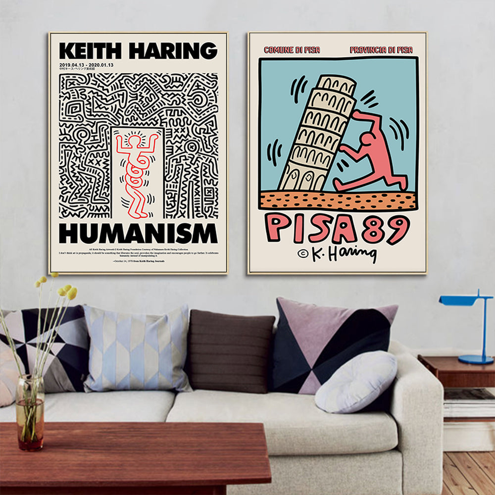 60cmx60cm Keith Haring wall art in a gold frame, showcasing vibrant colors and unique design, perfect for home decor.