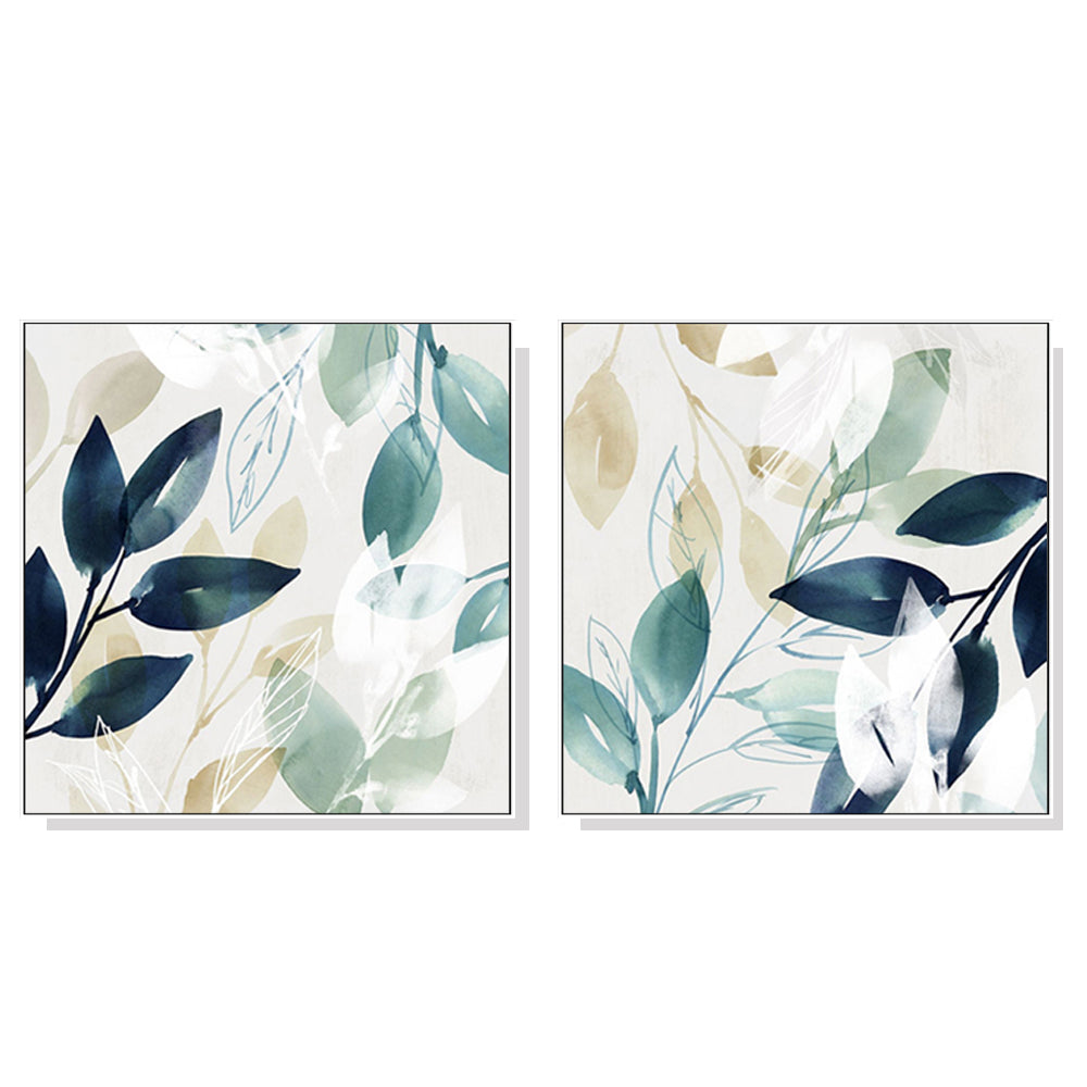 60cmx60cm canvas wall art featuring watercolour style leaves in a white floating frame, perfect for home decor.