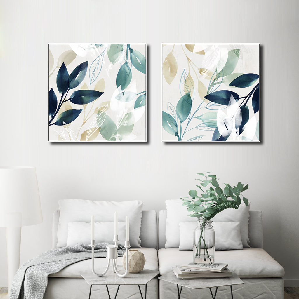 60cmx60cm canvas wall art featuring watercolour style leaves in a white floating frame, perfect for home decor.