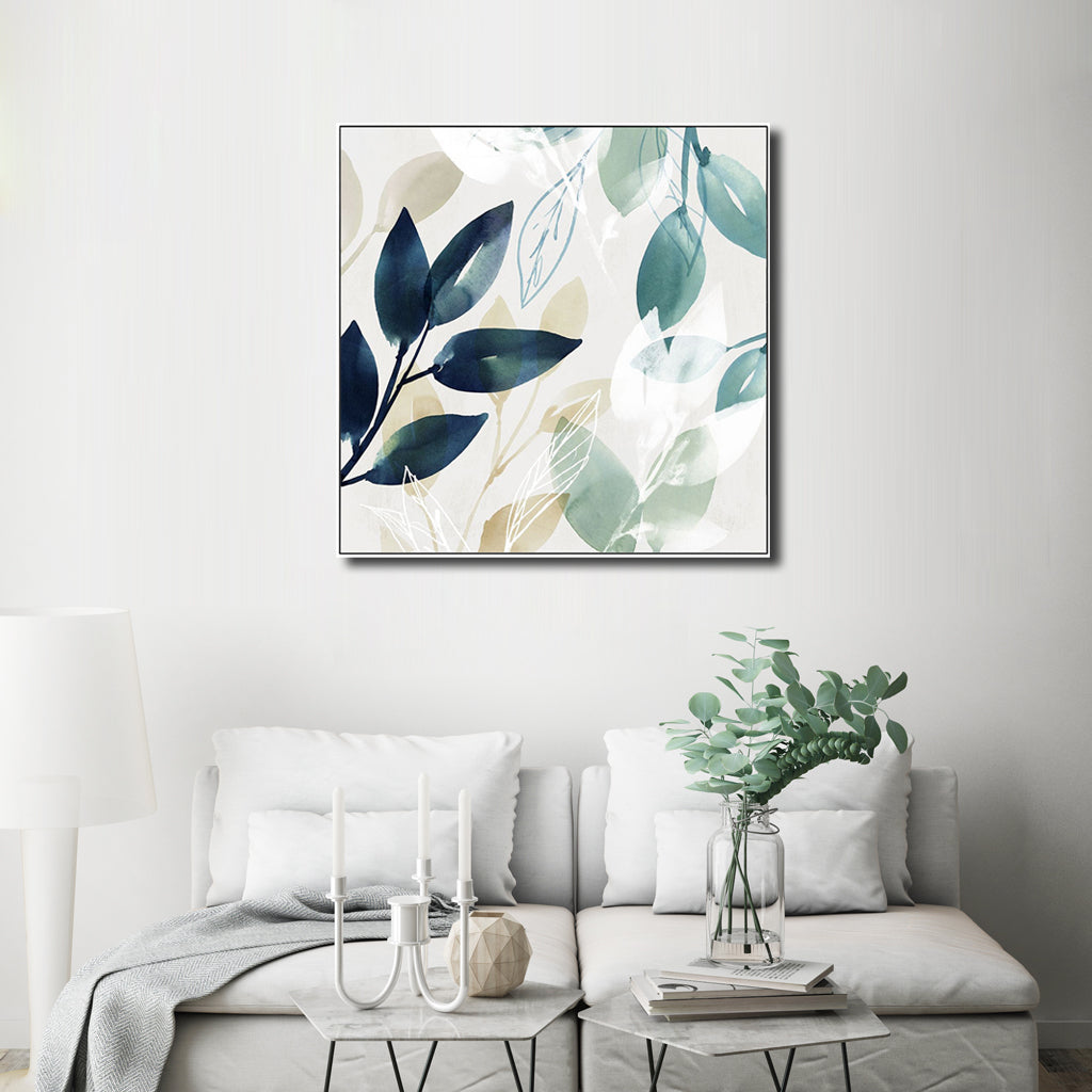 60cmx60cm canvas wall art featuring watercolour style leaves in a white floating frame, perfect for home decor.