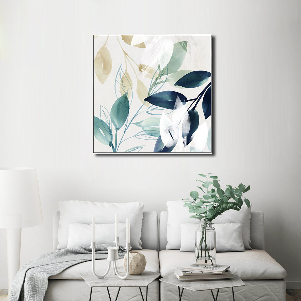 60cmx60cm canvas wall art featuring watercolour style leaves in a white floating frame, perfect for home decor.