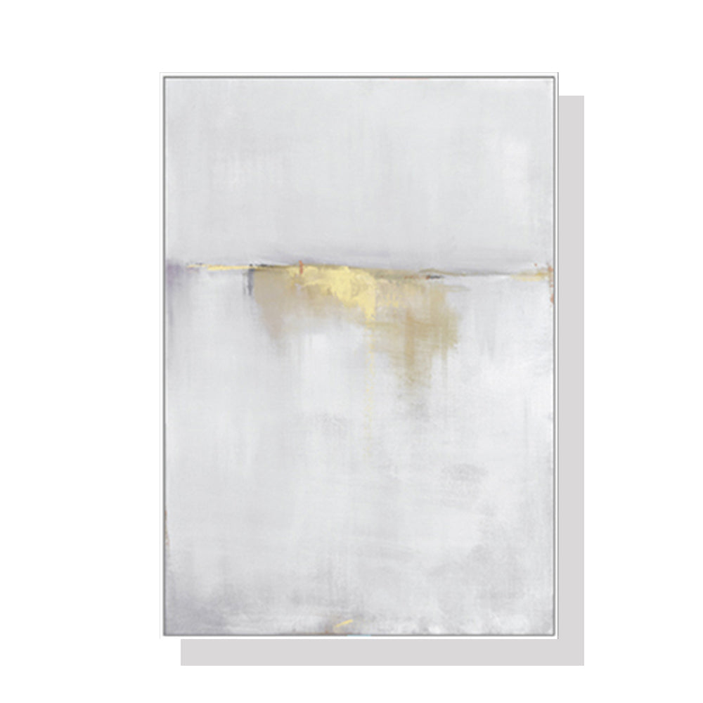 60cmx90cm Abstract gold and white canvas wall art framed in a modern white floating frame, showcasing elegant design.