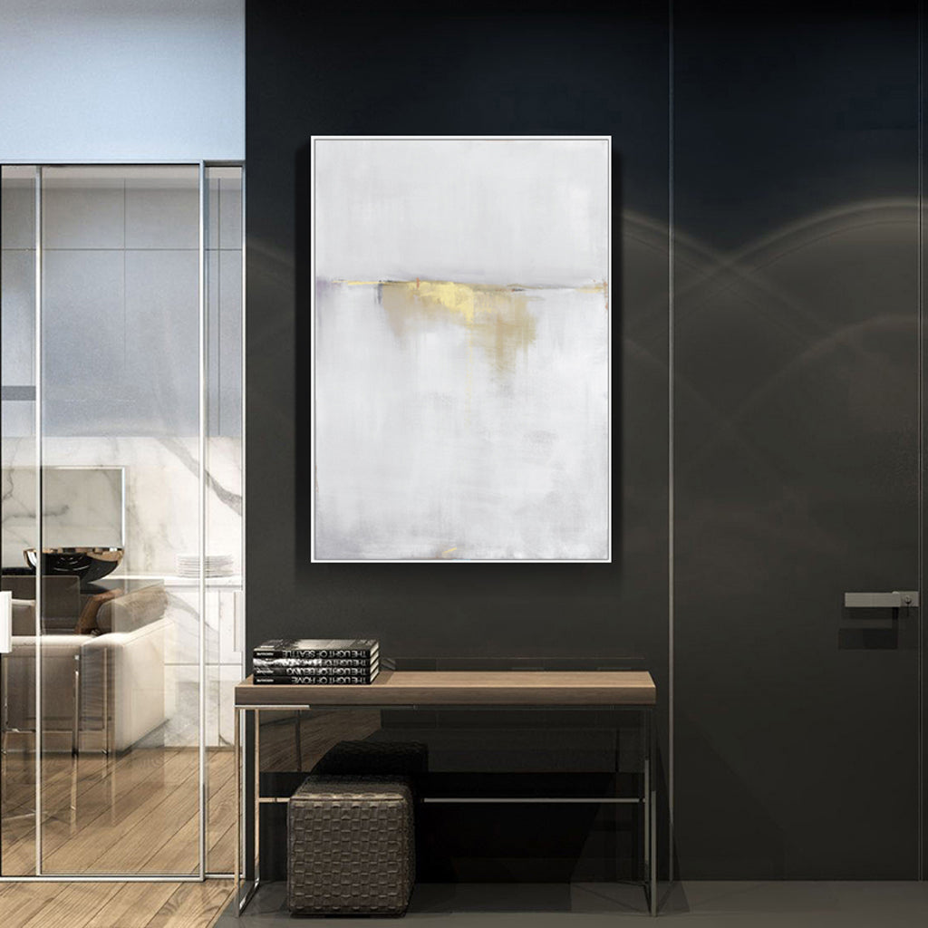 60cmx90cm Abstract gold and white canvas wall art framed in a modern white floating frame, showcasing elegant design.