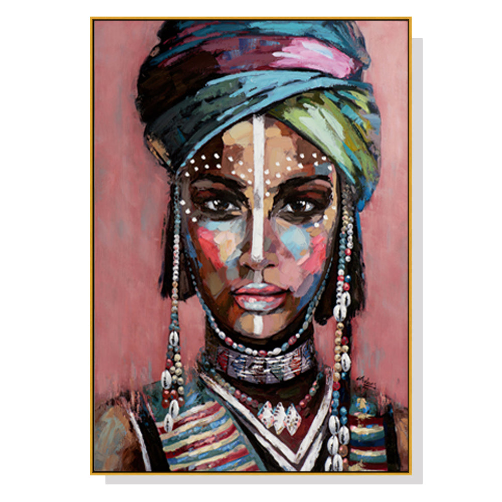 60cmx90cm canvas wall art featuring an African woman in a gold frame, showcasing vibrant colors and intricate details.