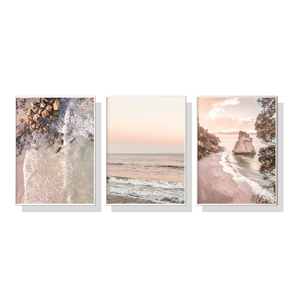 Three stunning canvas wall art pieces featuring New Zealand landscapes, framed in elegant white frames, ready to enhance any interior decor.