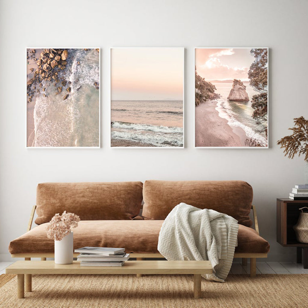 Three stunning canvas wall art pieces featuring New Zealand landscapes, framed in elegant white frames, ready to enhance any interior decor.