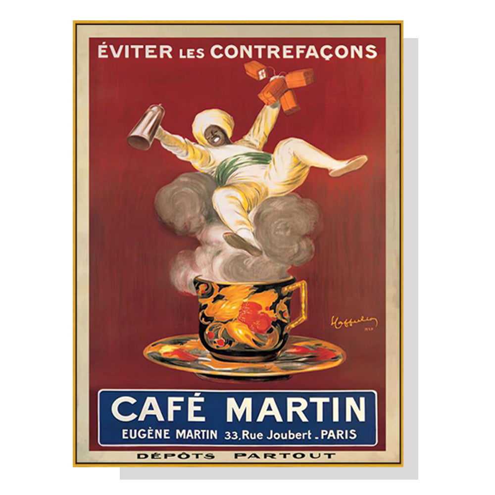 60cmx90cm Cafe Martin Canvas Wall Art in a gold frame, showcasing vibrant colors and a floating effect design.