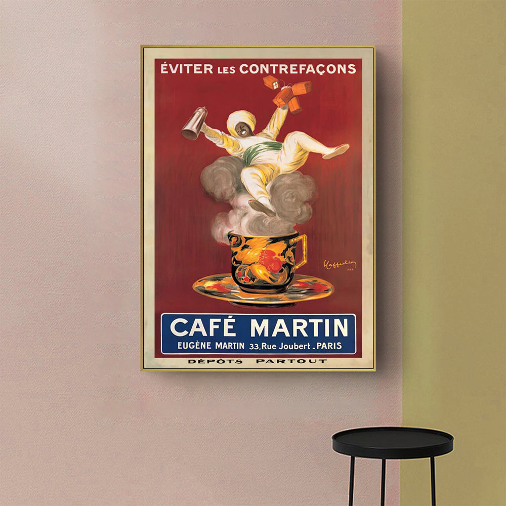 60cmx90cm Cafe Martin Canvas Wall Art in a gold frame, showcasing vibrant colors and a floating effect design.