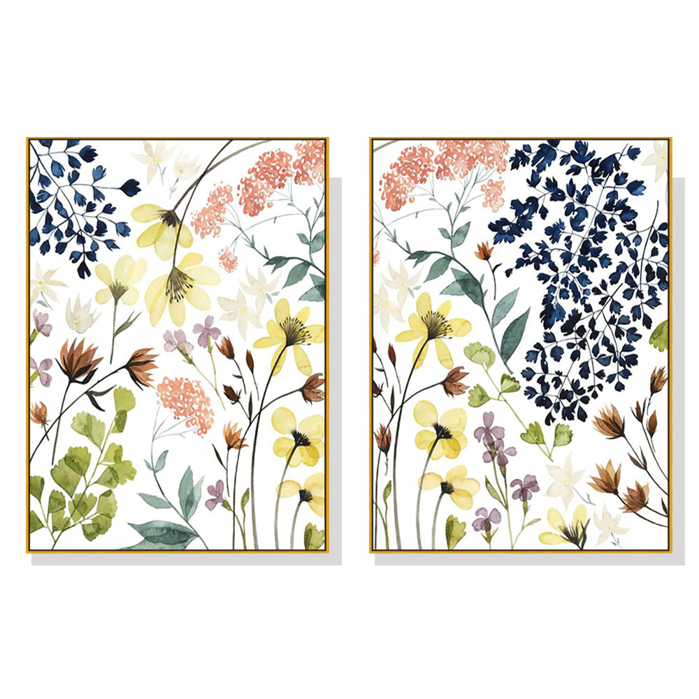 A beautifully framed 60cmx90cm canvas wall art featuring a vibrant flower composition in a gold frame, ready to hang.