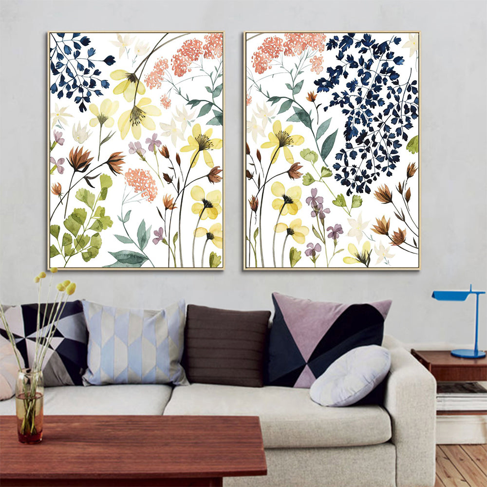 A beautifully framed 60cmx90cm canvas wall art featuring a vibrant flower composition in a gold frame, ready to hang.