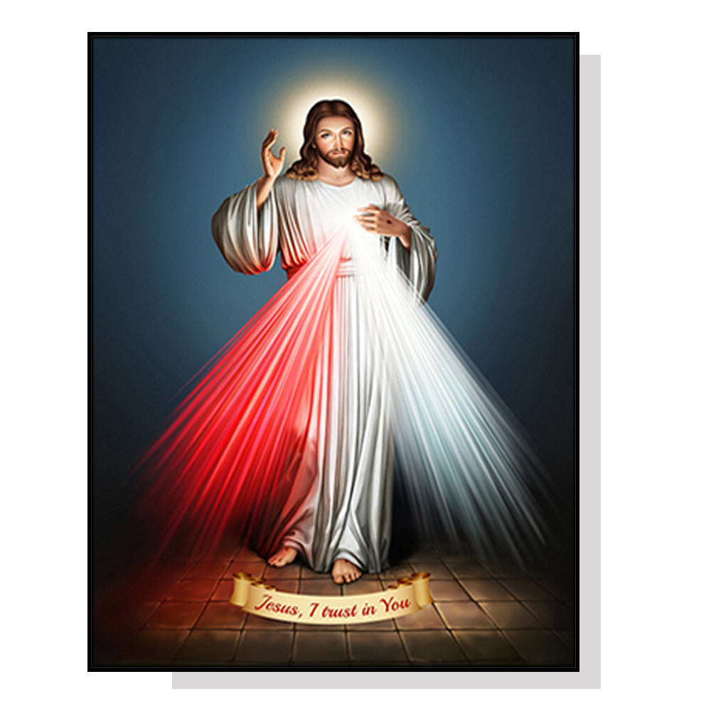 60cmx90cm Jesus Divine Mercy canvas wall art in a black frame, showcasing vibrant colors and a floating effect.