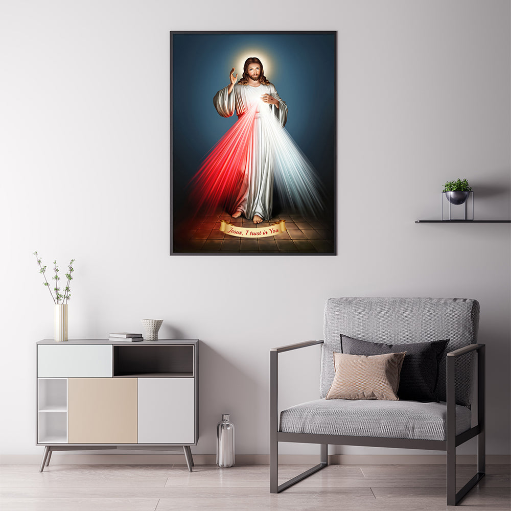 60cmx90cm Jesus Divine Mercy canvas wall art in a black frame, showcasing vibrant colors and a floating effect.