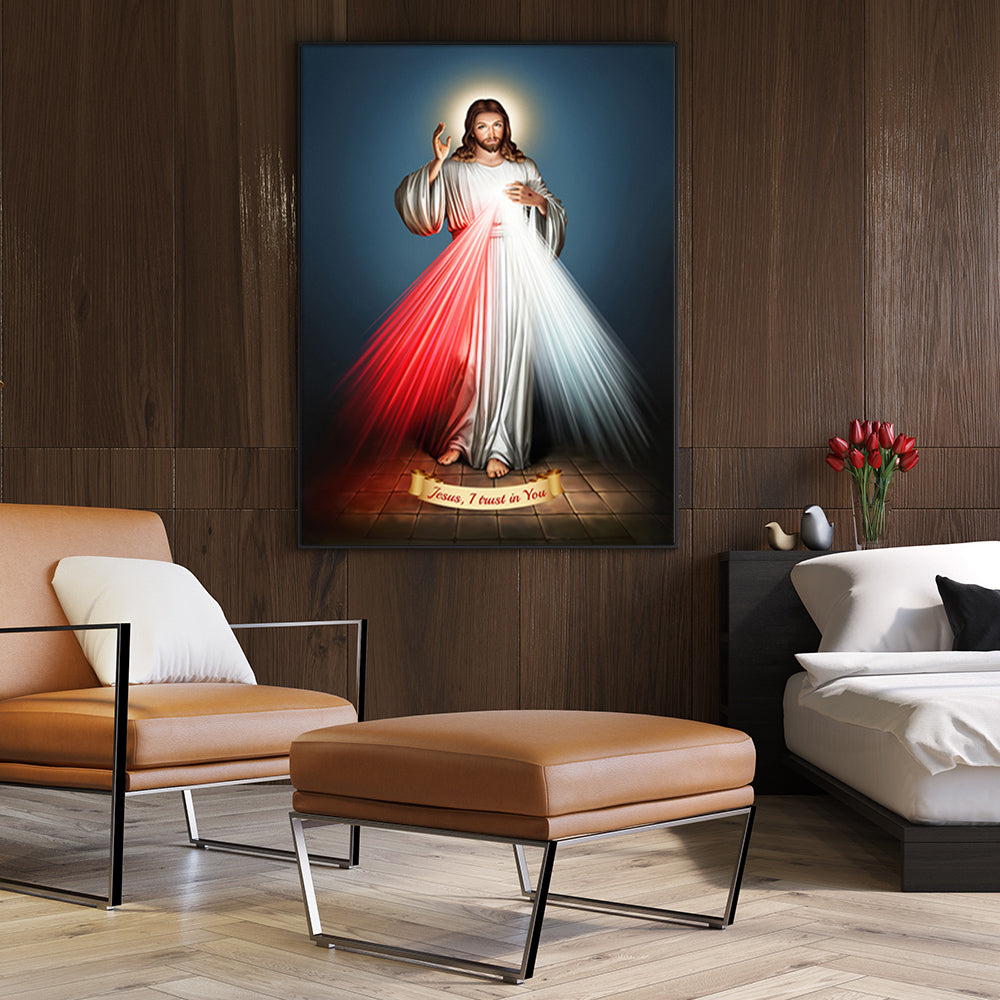 60cmx90cm Jesus Divine Mercy canvas wall art in a black frame, showcasing vibrant colors and a floating effect.