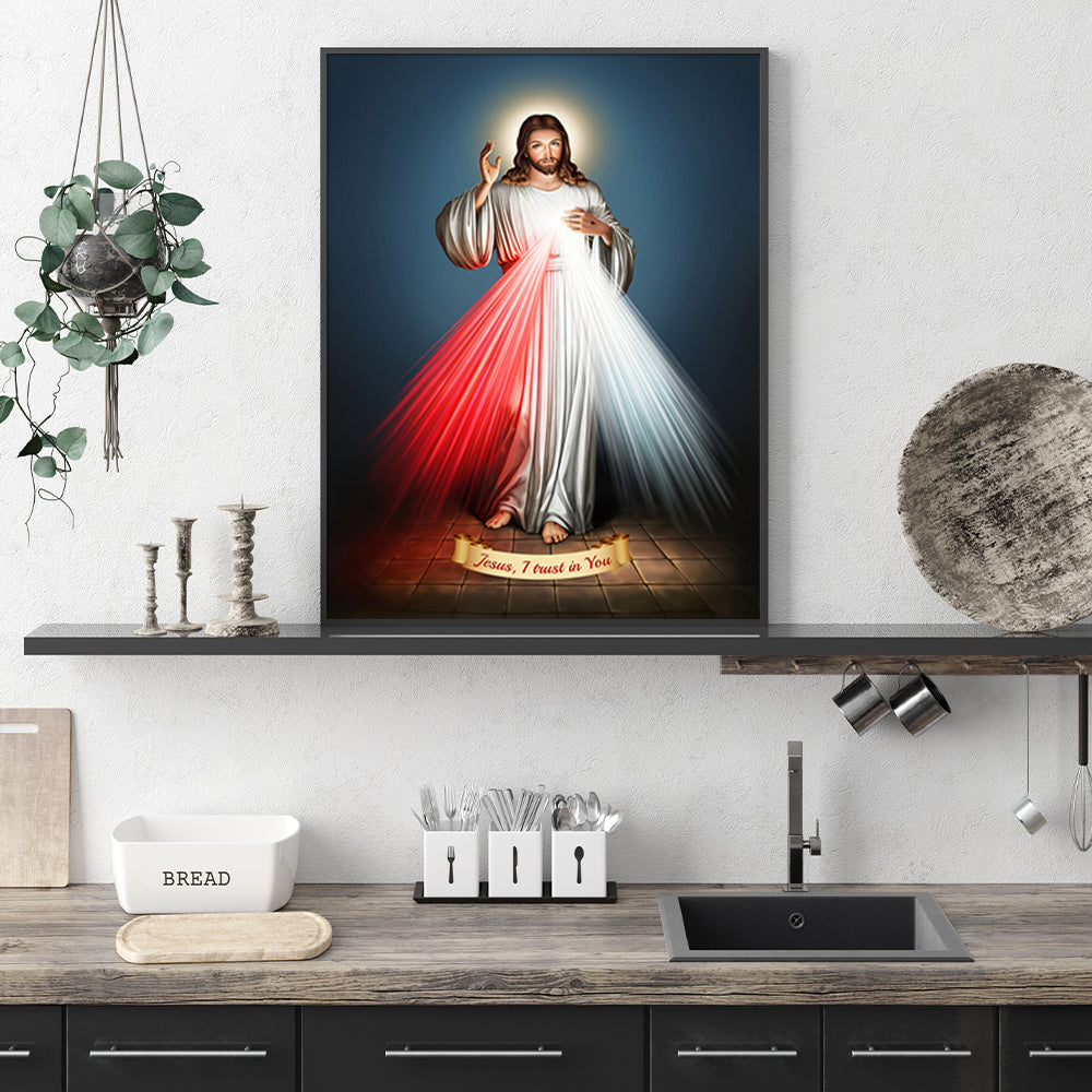 60cmx90cm Jesus Divine Mercy canvas wall art in a black frame, showcasing vibrant colors and a floating effect.