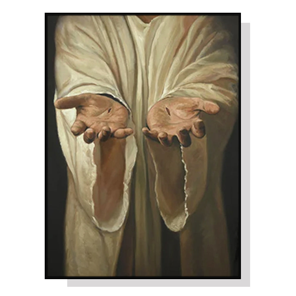 60cmx90cm canvas wall art featuring a Jesus Nail Hand design in a sleek black frame, perfect for home decor.