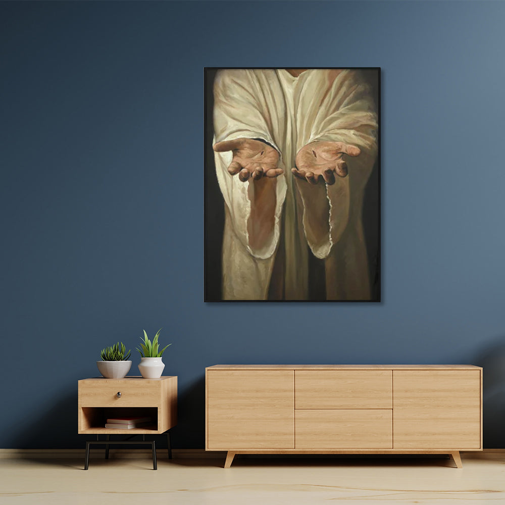 60cmx90cm canvas wall art featuring a Jesus Nail Hand design in a sleek black frame, perfect for home decor.