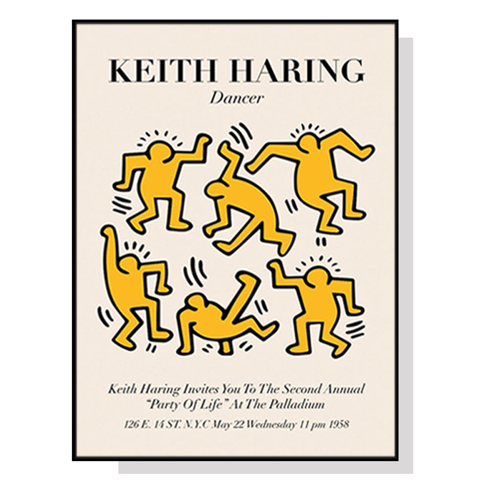 60cmx90cm Keith Haring Dancer canvas wall art framed in black, showcasing vibrant colors and dynamic design.