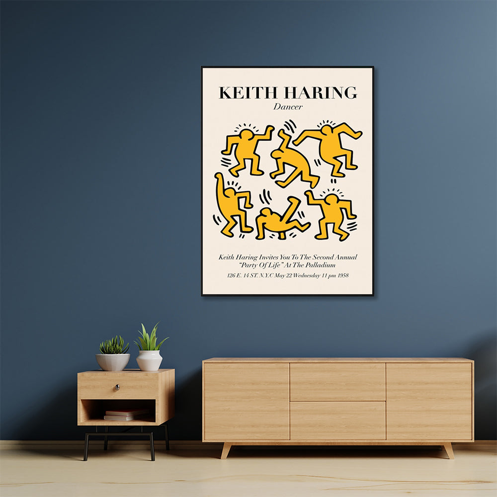 60cmx90cm Keith Haring Dancer canvas wall art framed in black, showcasing vibrant colors and dynamic design.