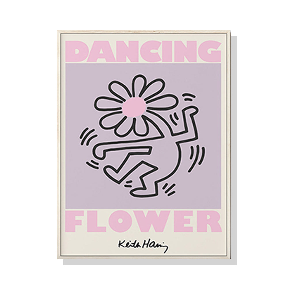 60cmx90cm Keith Haring Dancing Flower canvas wall art framed in a wooden floating frame, showcasing vibrant colors and intricate details.