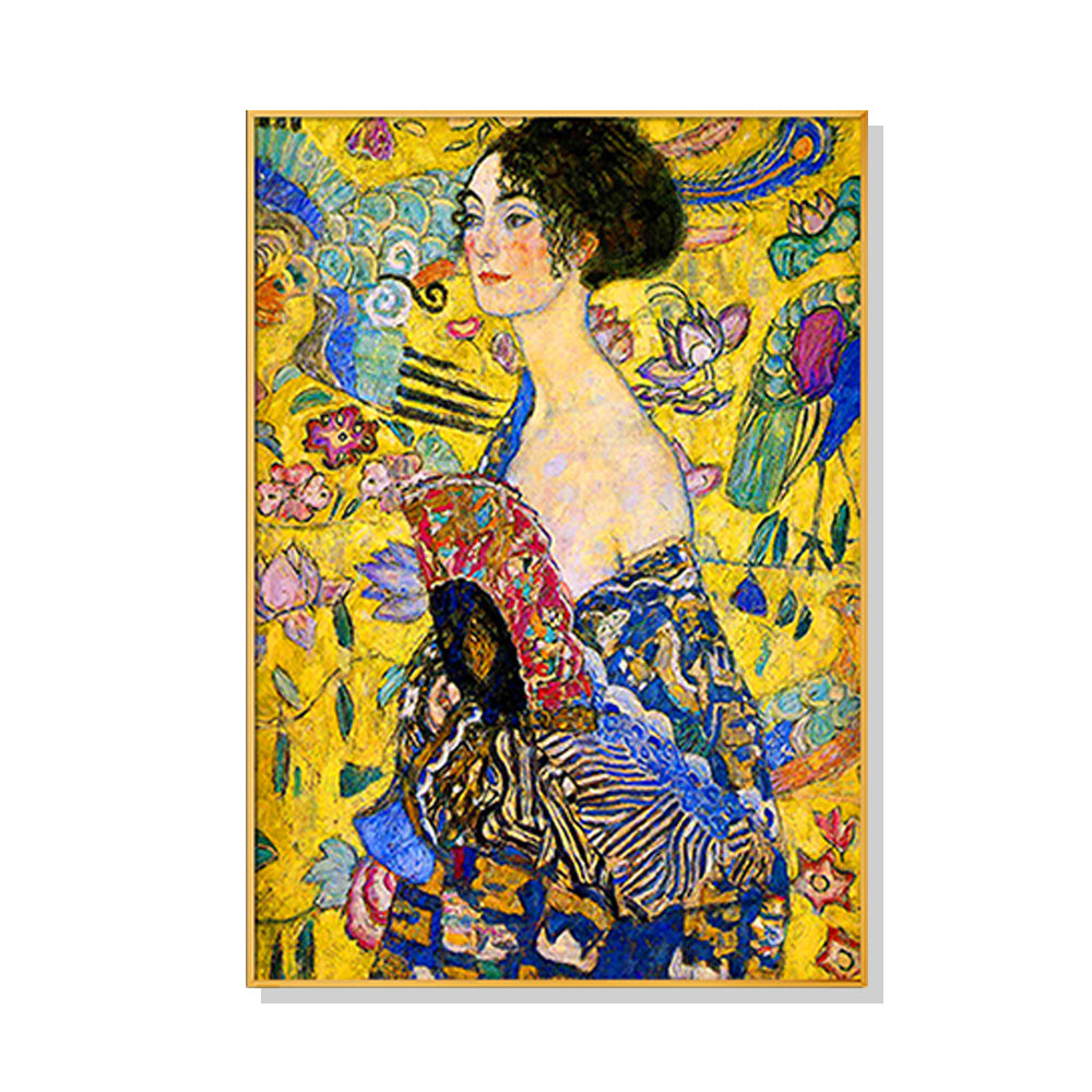 60cmx90cm canvas wall art featuring Klimt's Lady With A Fan, elegantly framed in gold, showcasing vibrant colors and intricate details.