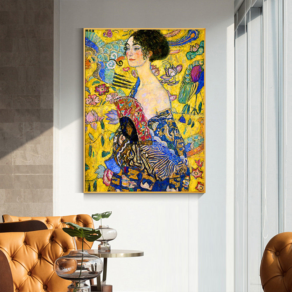 60cmx90cm canvas wall art featuring Klimt's Lady With A Fan, elegantly framed in gold, showcasing vibrant colors and intricate details.