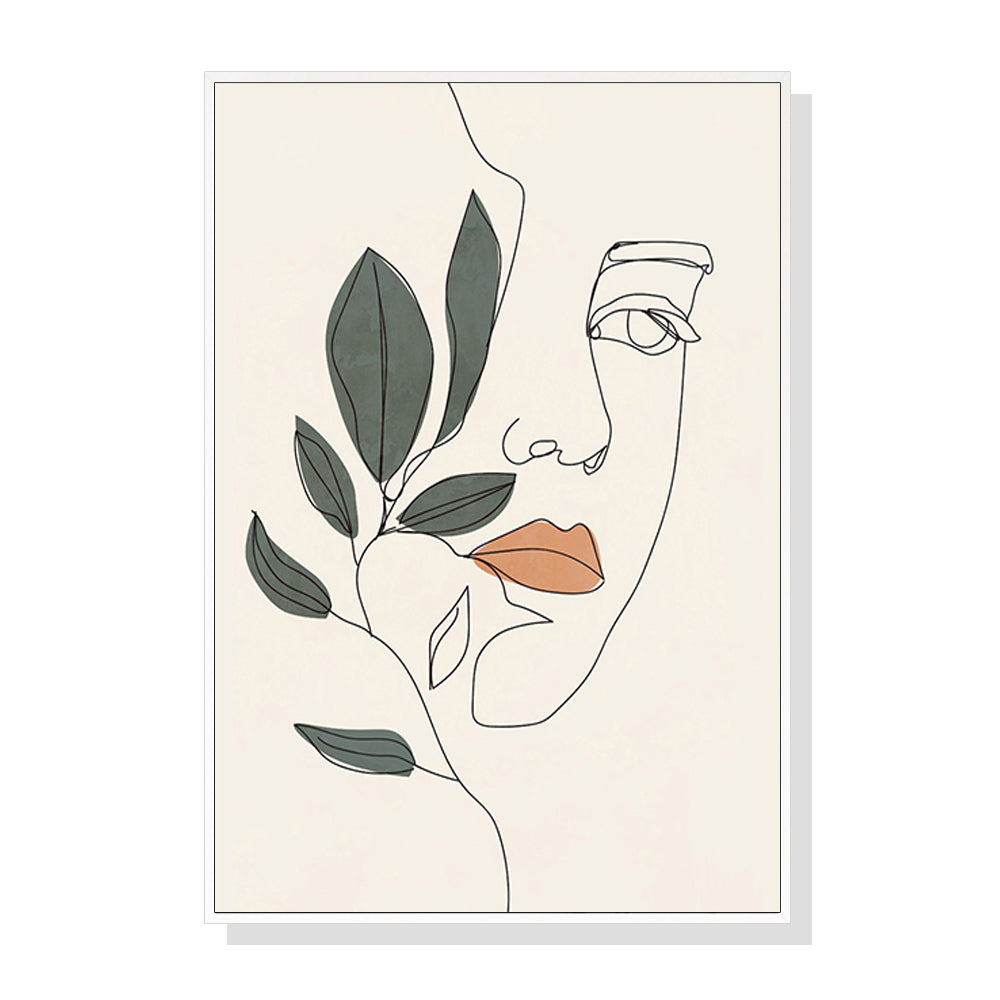 60cmx90cm Line Art Girl Face Canvas Wall Art framed in white, showcasing a minimalist design perfect for home decor.