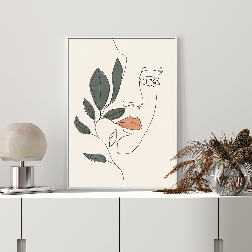 60cmx90cm Line Art Girl Face Canvas Wall Art framed in white, showcasing a minimalist design perfect for home decor.