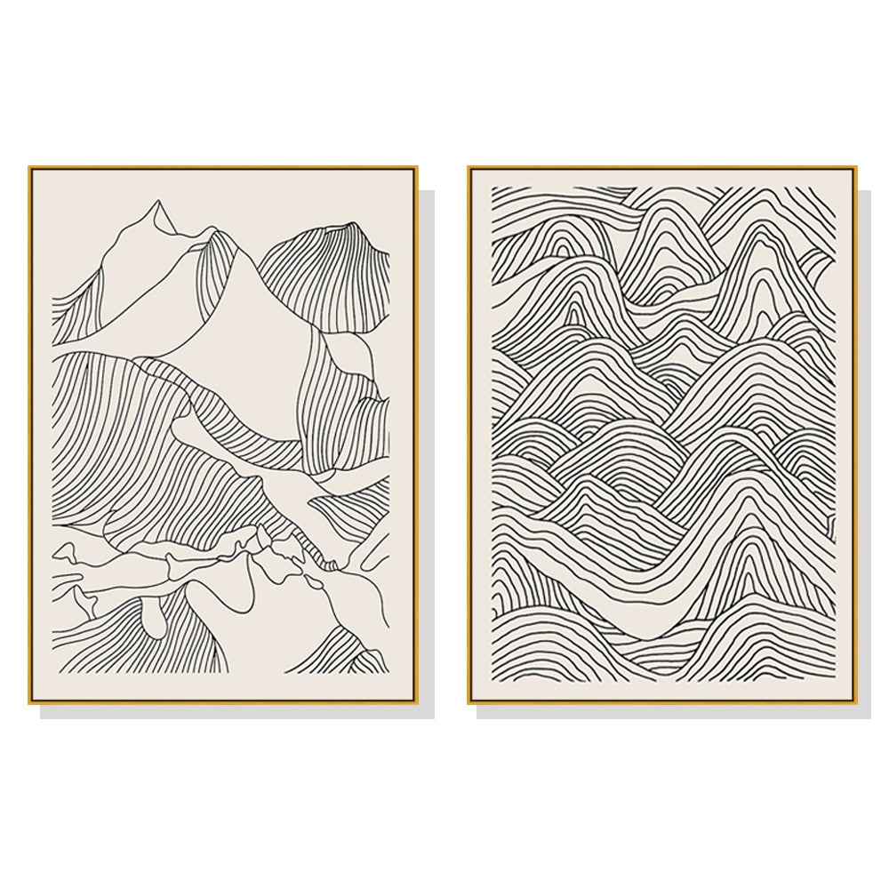 Two sets of 60cmx90cm line art mountain canvas wall art framed in elegant gold, showcasing a modern design.