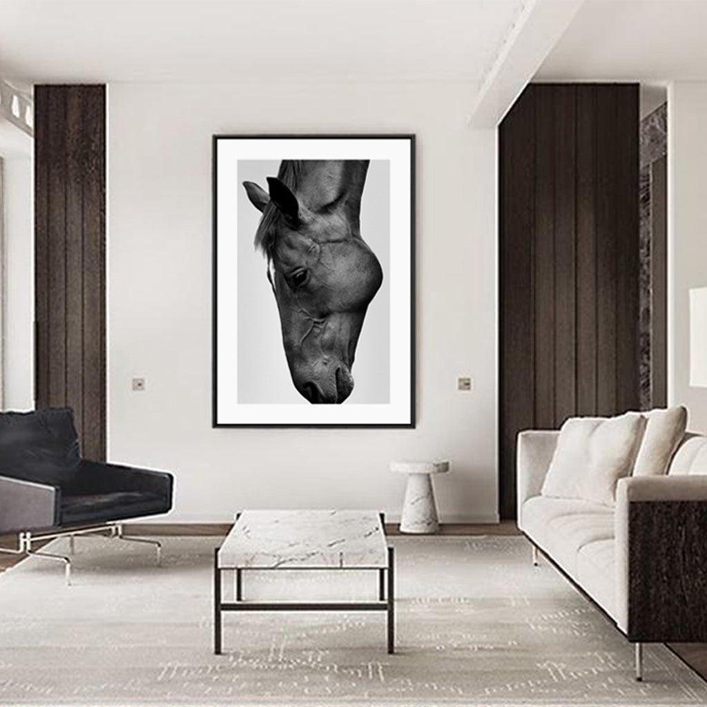 A modern black horse canvas wall art framed in a sleek black frame, showcasing elegant design and premium quality.