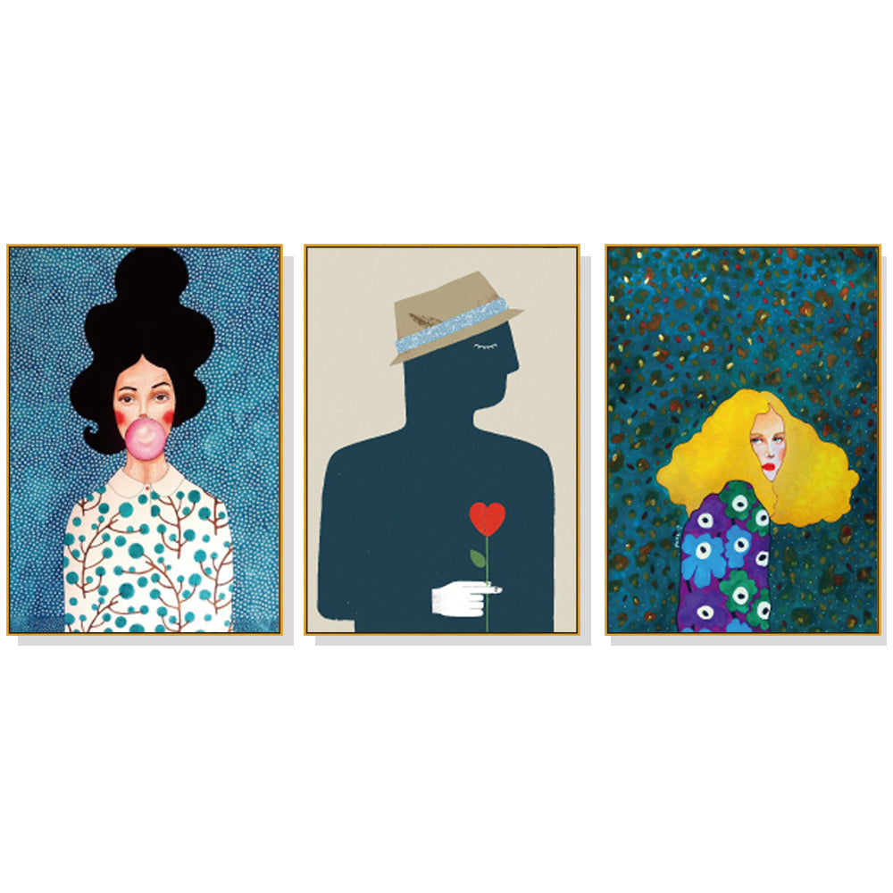 Three modern figure canvas wall art pieces in gold frames, showcasing vibrant colors and a floating effect, perfect for home decor.