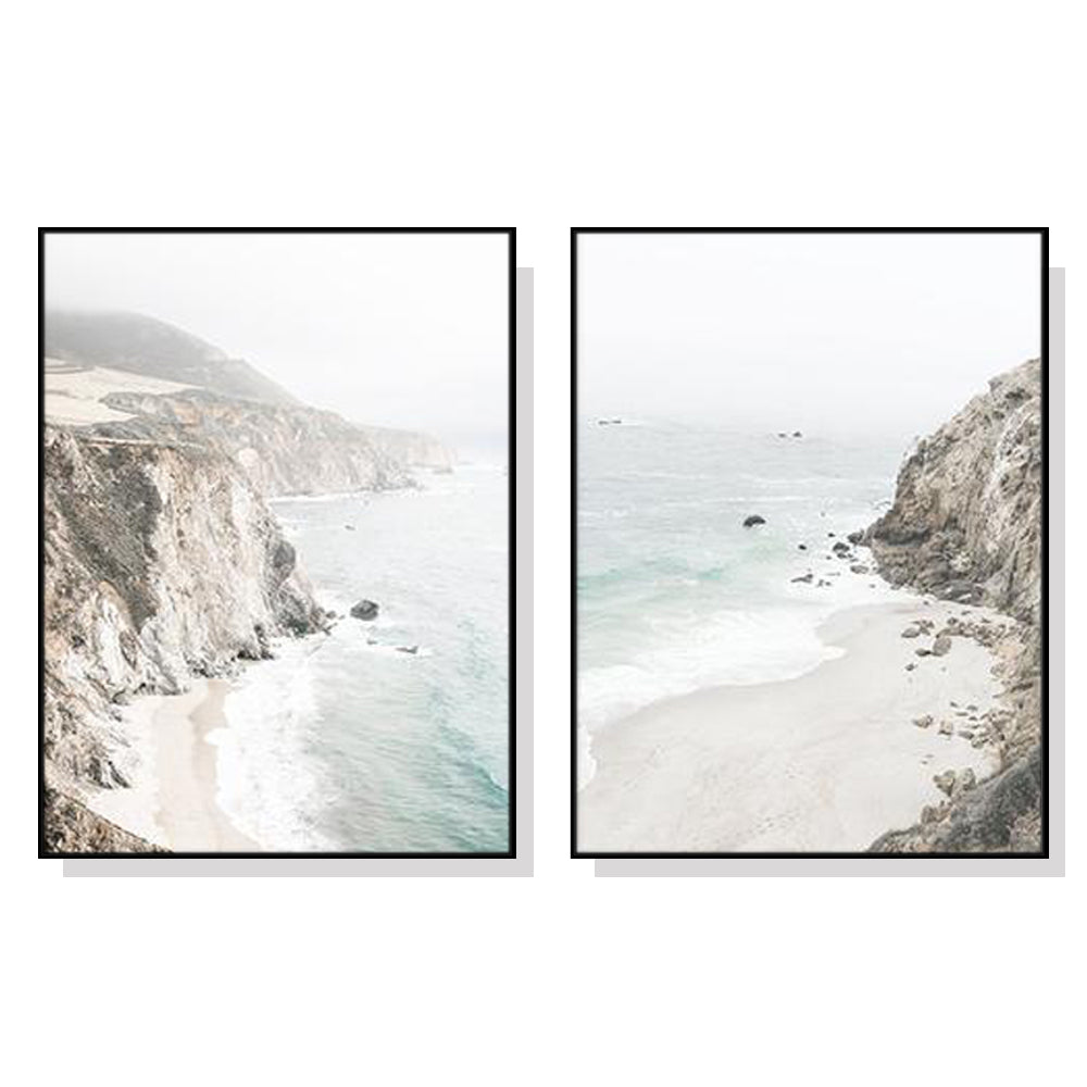 60cmx90cm Mountain Beach Canvas Wall Art with black frame, showcasing stunning natural scenery and a modern design.