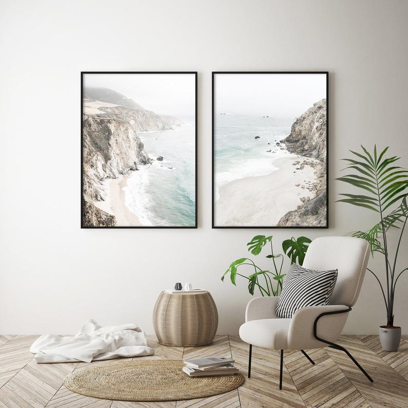 60cmx90cm Mountain Beach Canvas Wall Art with black frame, showcasing stunning natural scenery and a modern design.