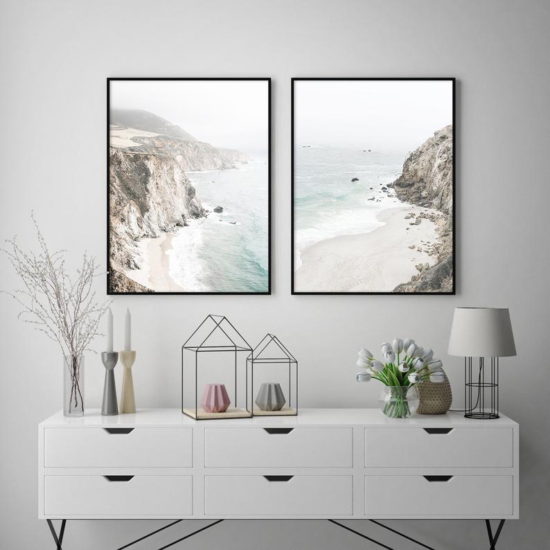 60cmx90cm Mountain Beach Canvas Wall Art with black frame, showcasing stunning natural scenery and a modern design.