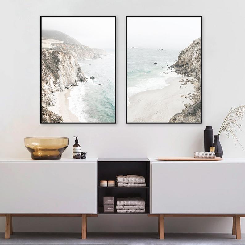 60cmx90cm Mountain Beach Canvas Wall Art with black frame, showcasing stunning natural scenery and a modern design.