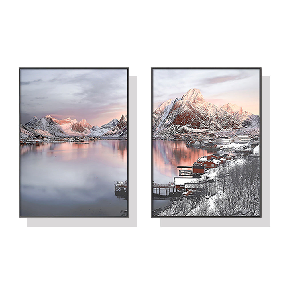 60cmx90cm Nordic Norway canvas wall art set in black frame, showcasing a stunning landscape design.