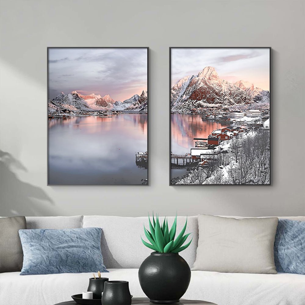 60cmx90cm Nordic Norway canvas wall art set in black frame, showcasing a stunning landscape design.