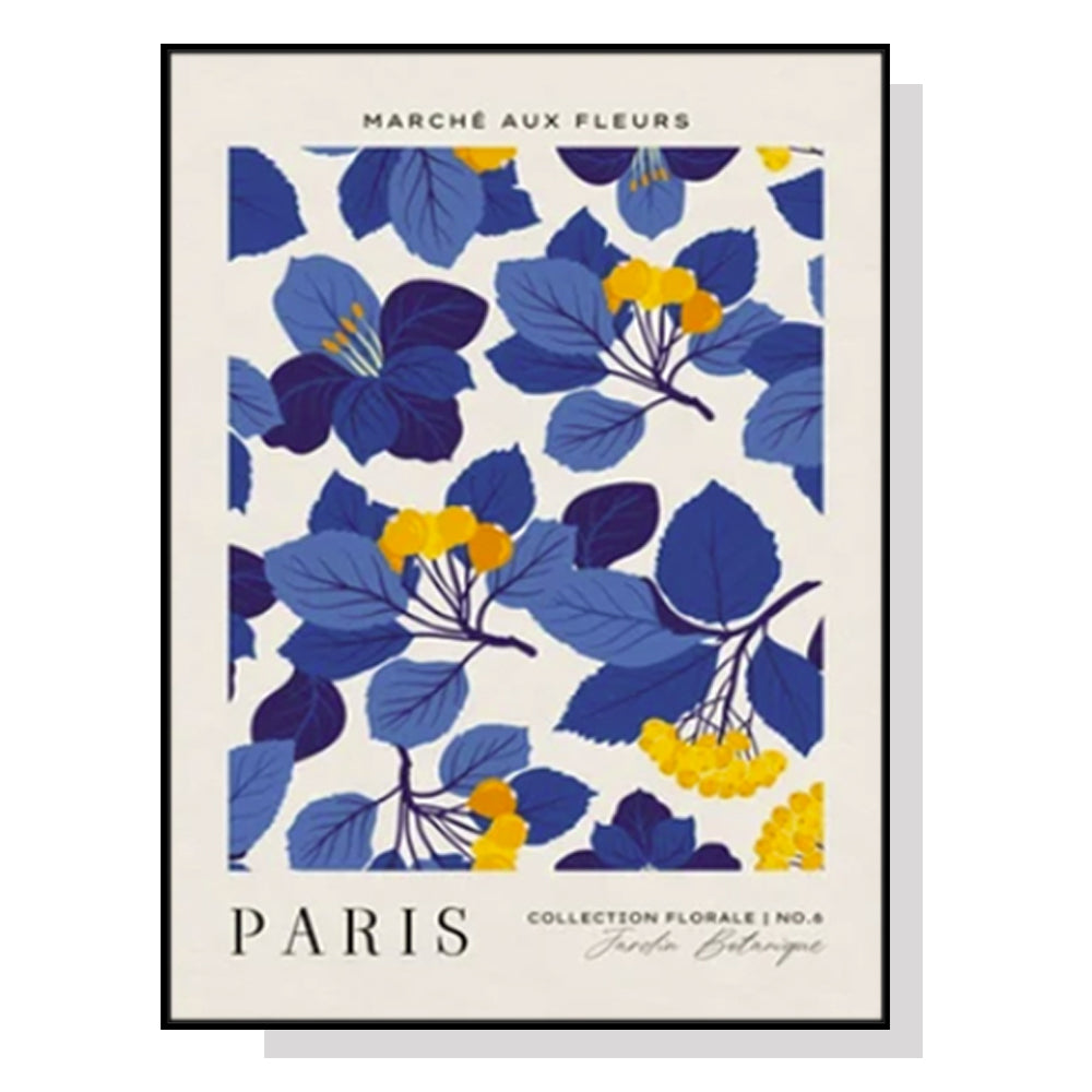 60cmx90cm canvas wall art featuring a Paris flower market, framed in black, showcasing vibrant flowers and a charming Parisian scene.