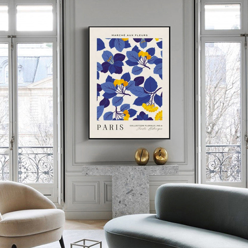 60cmx90cm canvas wall art featuring a Paris flower market, framed in black, showcasing vibrant flowers and a charming Parisian scene.