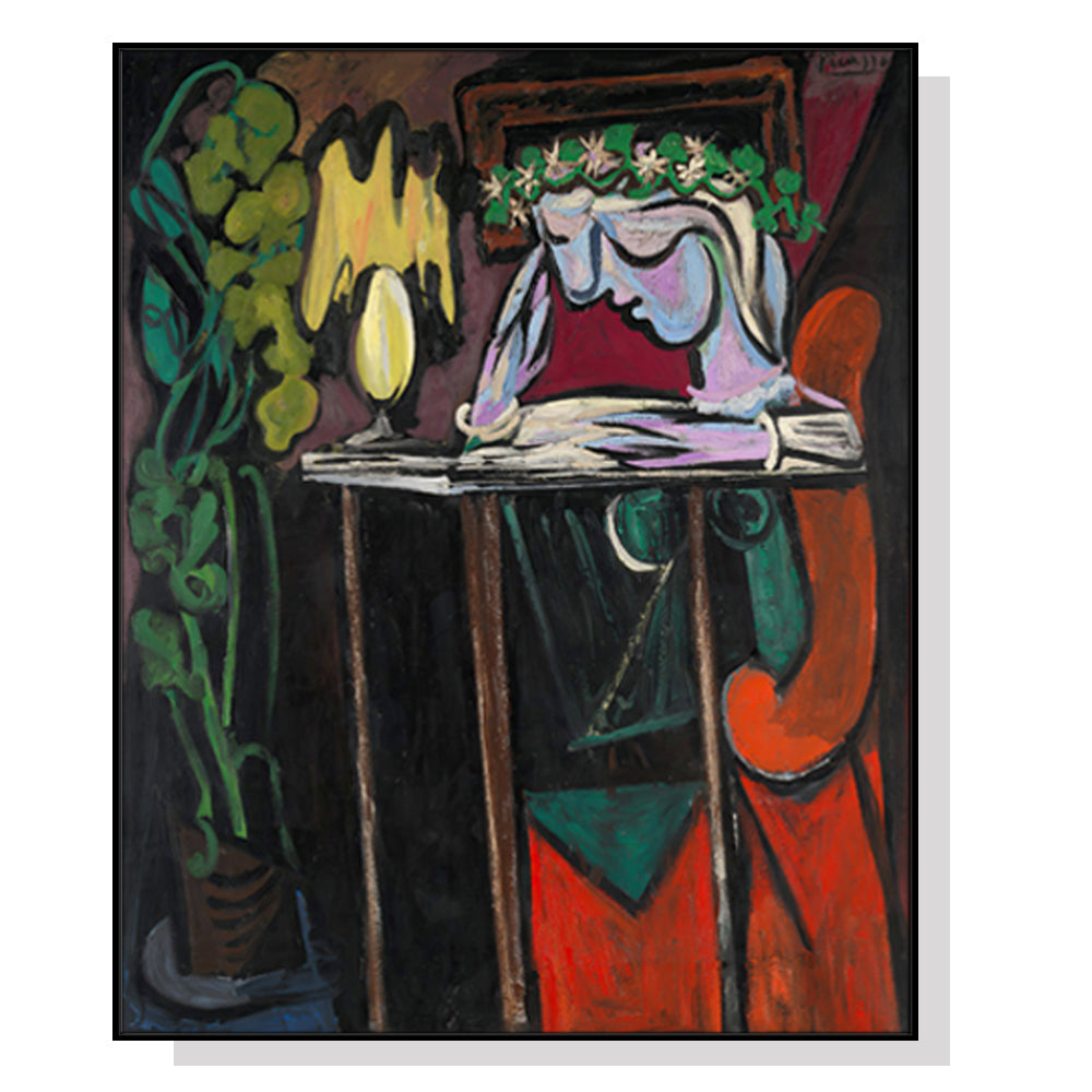 60cmx90cm canvas wall art featuring Picasso's Reading Girl, framed in black with a floating effect.