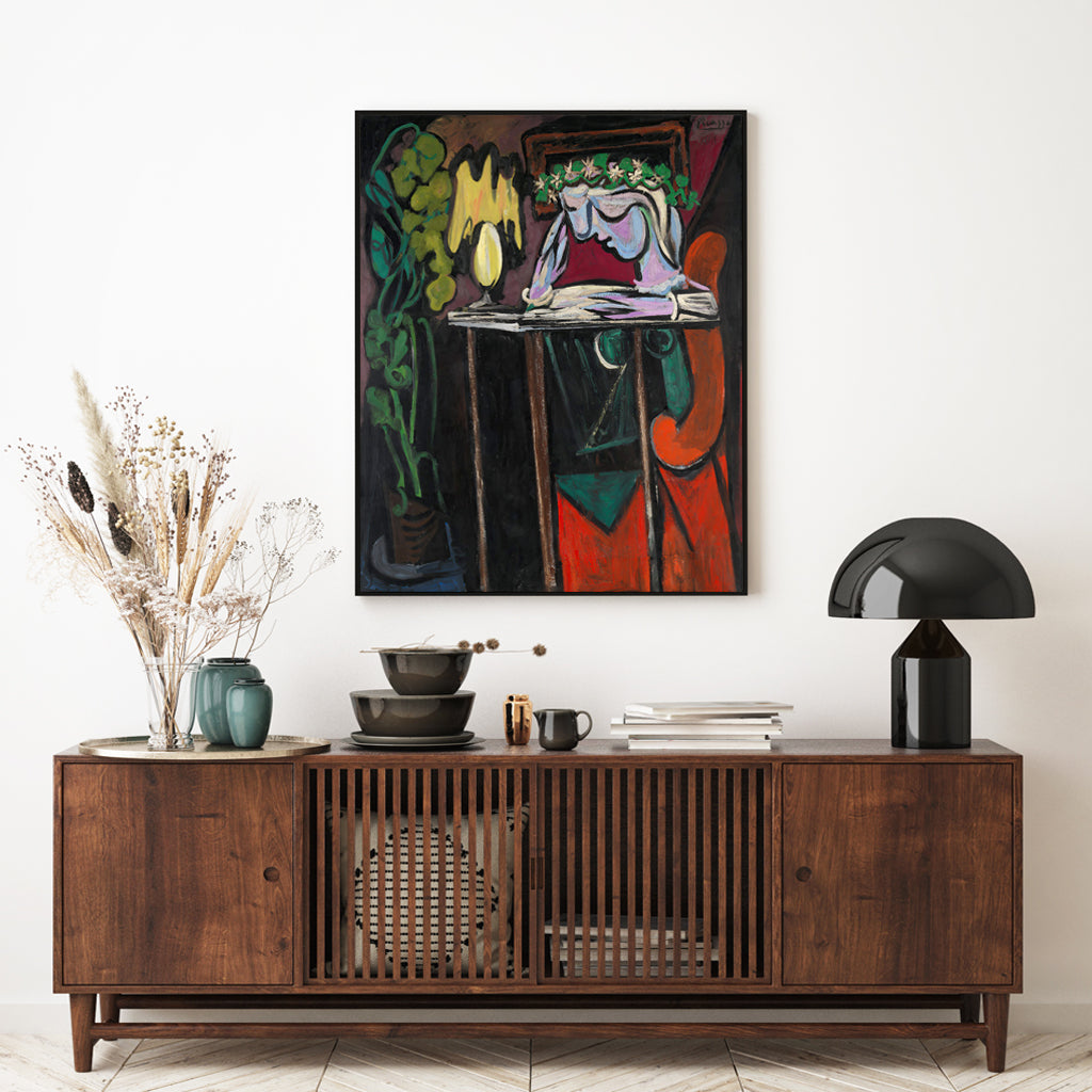 60cmx90cm canvas wall art featuring Picasso's Reading Girl, framed in black with a floating effect.