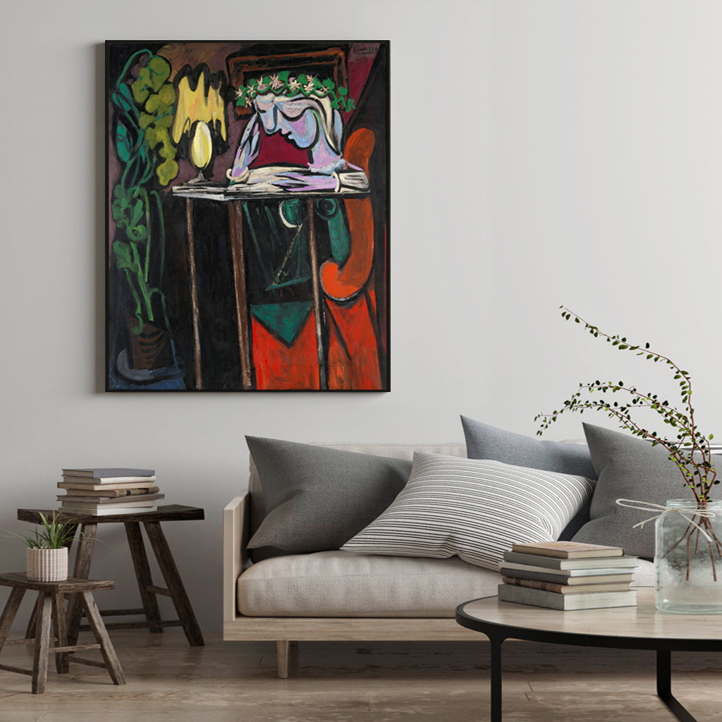 60cmx90cm canvas wall art featuring Picasso's Reading Girl, framed in black with a floating effect.