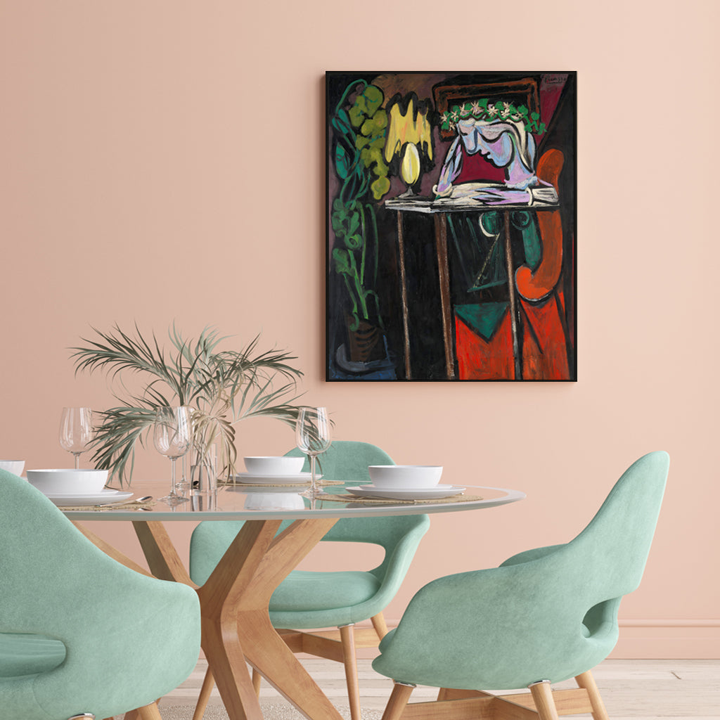 60cmx90cm canvas wall art featuring Picasso's Reading Girl, framed in black with a floating effect.