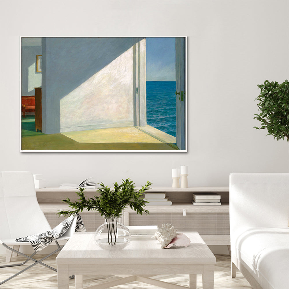 60cmx90cm canvas wall art featuring Edward Hopper's Room By The Sea, framed in a sleek white frame, showcasing vibrant colors and intricate details.