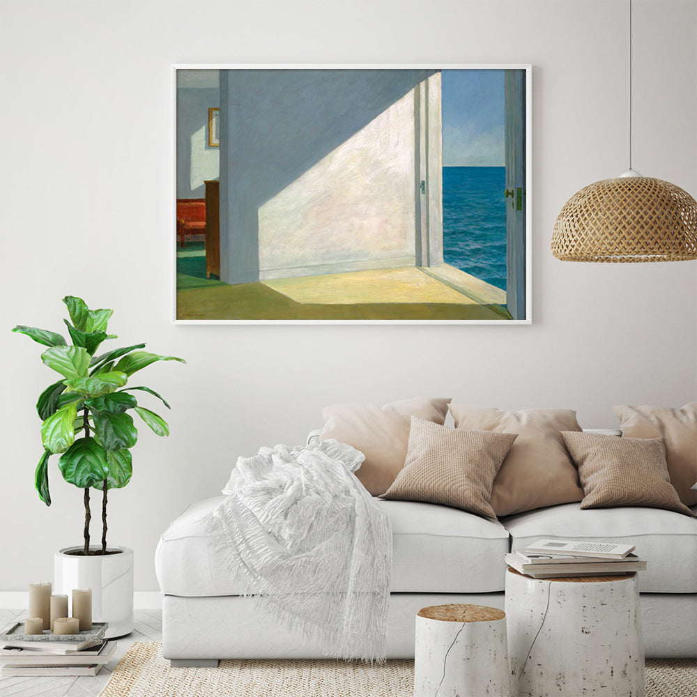 60cmx90cm canvas wall art featuring Edward Hopper's Room By The Sea, framed in a sleek white frame, showcasing vibrant colors and intricate details.