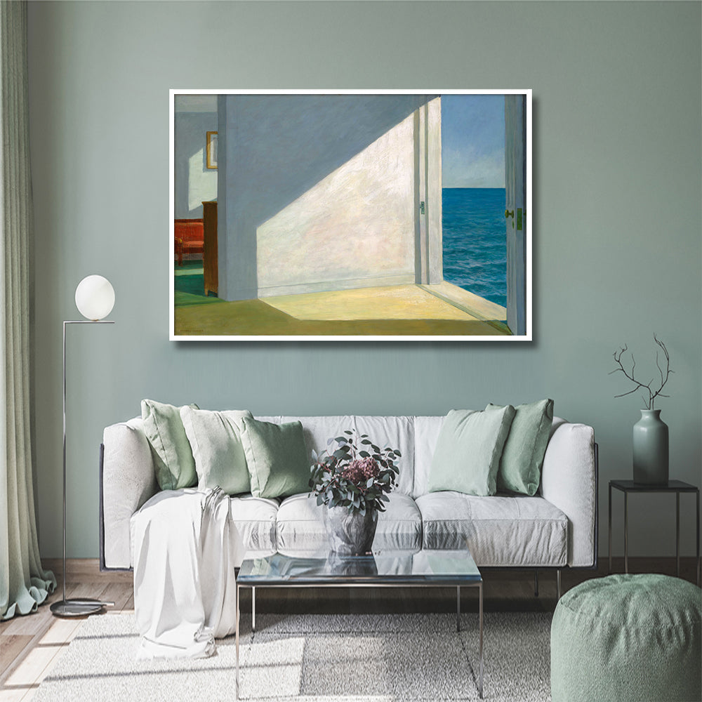 60cmx90cm canvas wall art featuring Edward Hopper's Room By The Sea, framed in a sleek white frame, showcasing vibrant colors and intricate details.