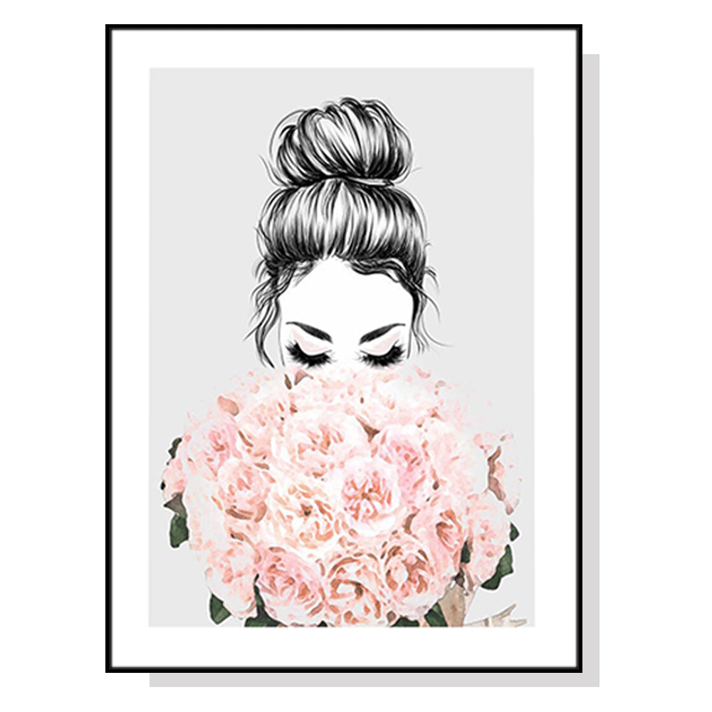 60cmx90cm canvas wall art featuring a girl surrounded by roses in a black frame, showcasing vibrant colors and a modern design.